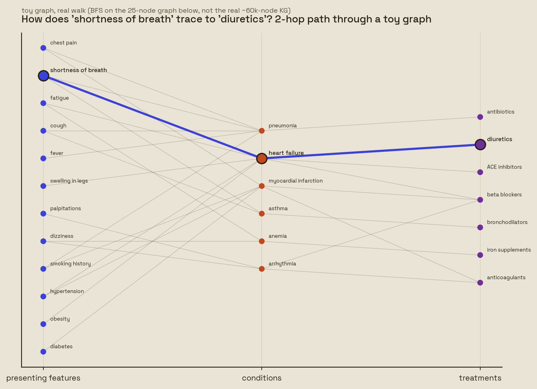A traced answer path through a toy medical knowledge graph, real walk on a stated toy example